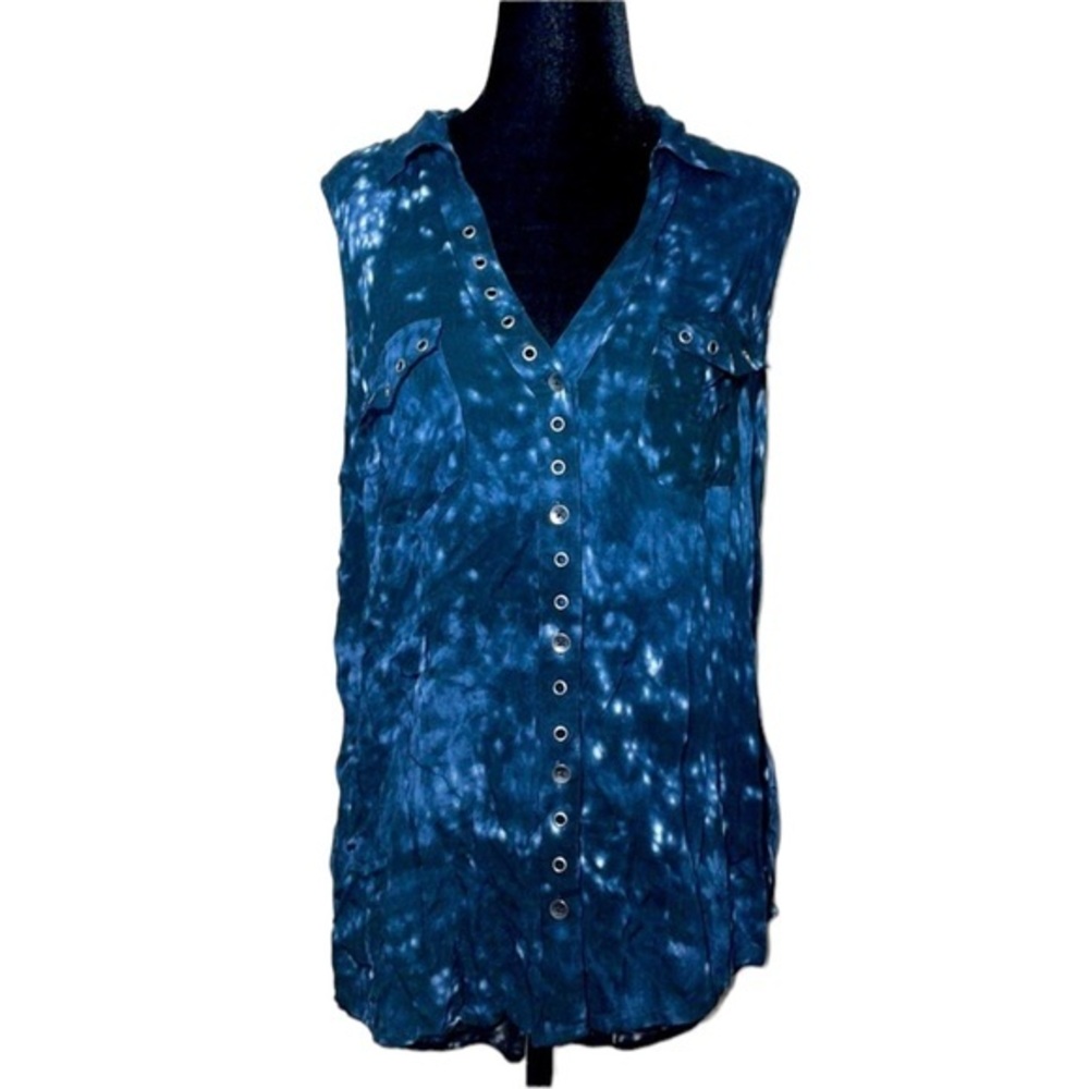 Rock & Republic Women’s Tunic Button Up Sheer Dark Blue Tank Blouse Size Large